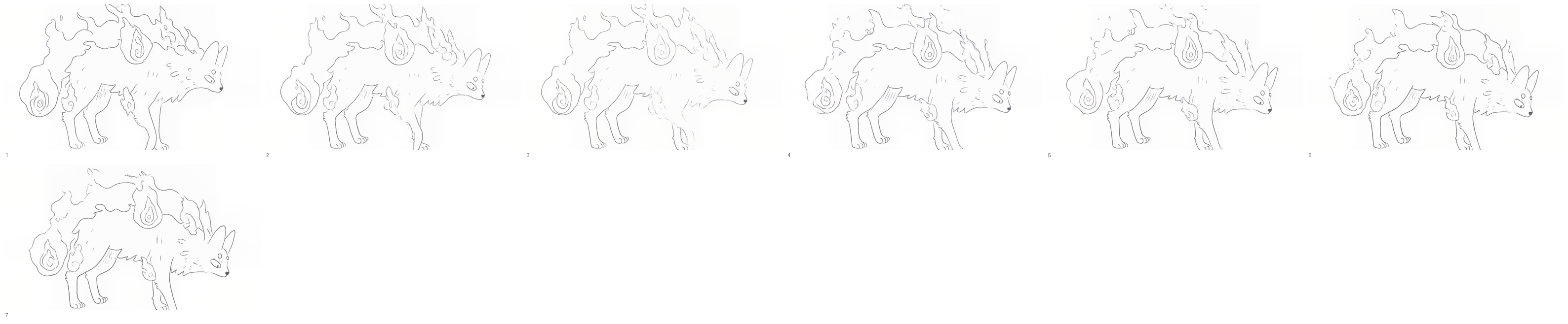Figure. The same cadence on a different style. Seven drawings of a line-art creature held on twos, at the opposite end of the range from flat cel colour.