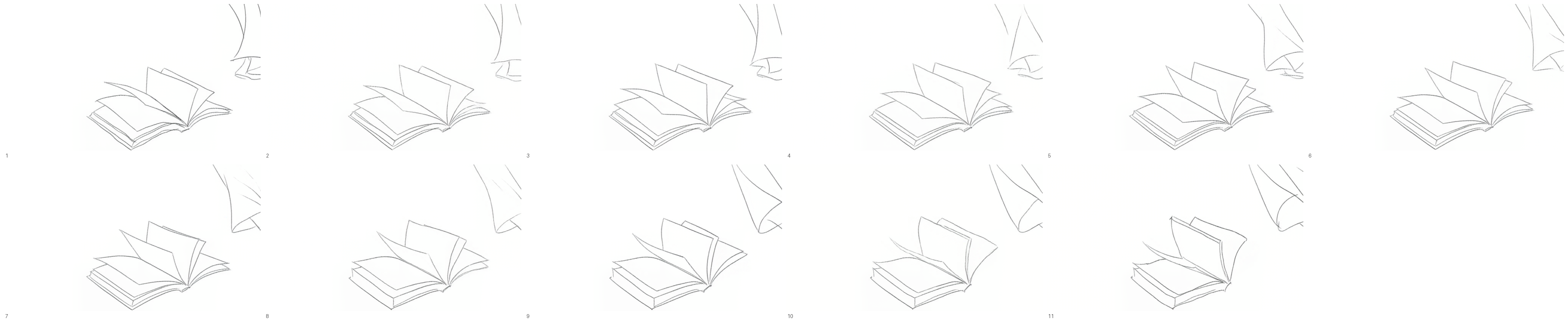 Figure. Eleven drawings, each held two frames, on clean line. The on-twos rhythm the caption names in Subject and the Action honours.