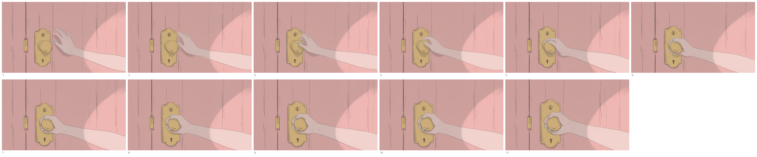 Figure. What the held-frame measure counts. Eleven distinct drawings recovered from 22 frames at a modal run length of two: on twos, as a number rather than an argument.